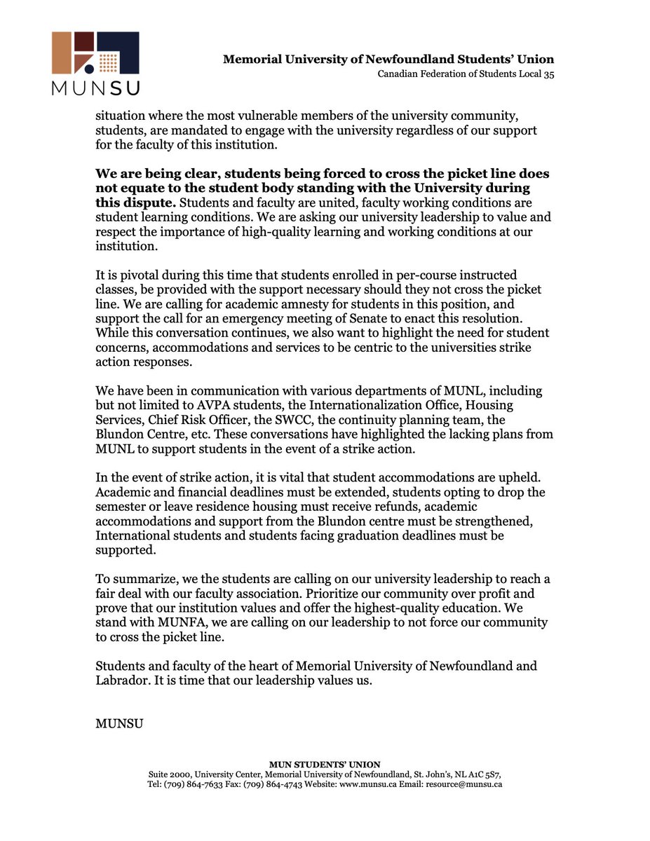 Yesterday, MUNSU delivered a letter to Dr. Bose, @VPR_Memorial.

In the event of strike, <a href="/MemorialU/">Memorial University</a> is forcing their students, staff and faculty to cross the picket line. It is a gross misuse of power for the university to be forcing division within the community.