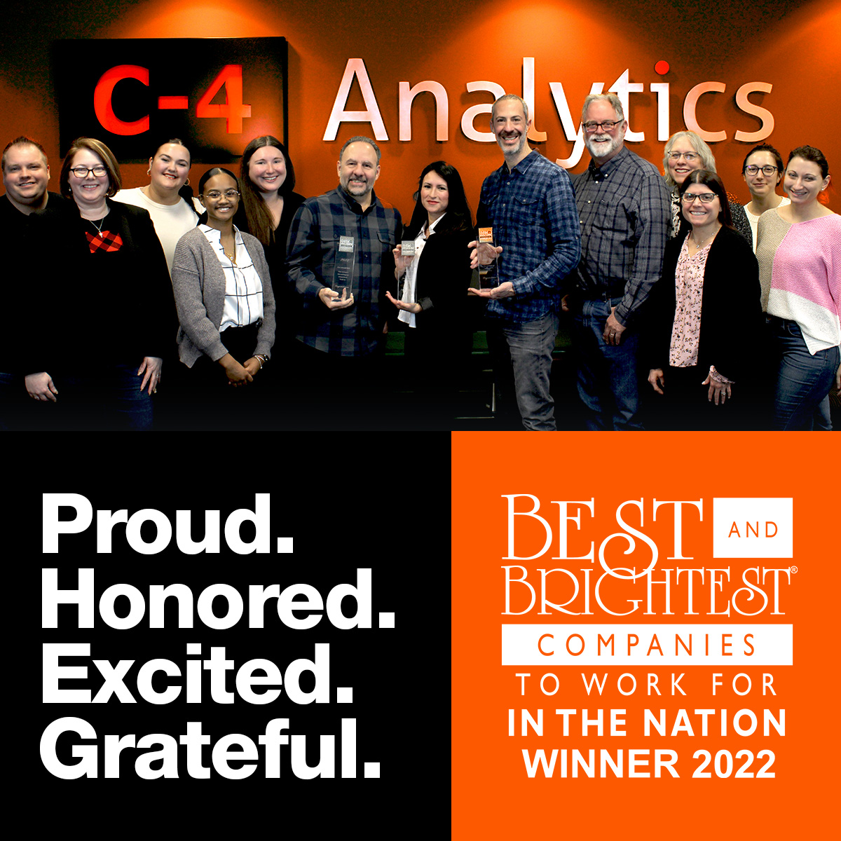 C4AnalyticsLLC's tweet photo. C-4 Analytics has been named a Best &amp; Brightest Company to Work For in the Nation for 2022! Our team is honored to be recognized for creating a workplace that encourages collaboration, growth, and innovation. 

Best of all? We're hiring. 
➡️ https://t.co/zXqGuoSSKM https://t.co/xUaA1RuDO3