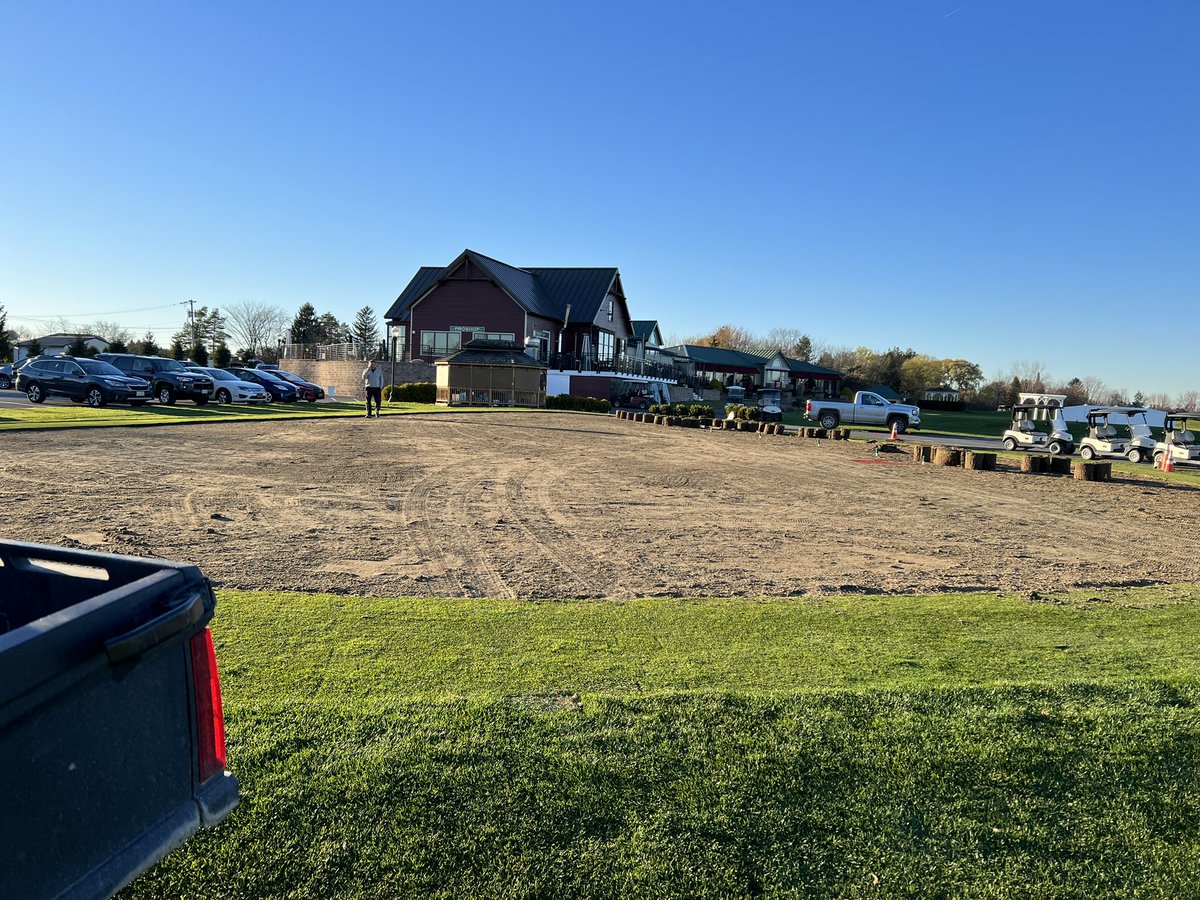 JoshYerdon's tweet photo. @ntjturf We stripped our entire practice green, moved it to our old nursery, which was stripped to sod fairway drainage we did during the winter a couple years ago. We built a new PG and will be sodding it in the spring with new Bentgrass. a new pavilion will be constructed on old PG area https://t.co/vV5hoM3Cb8