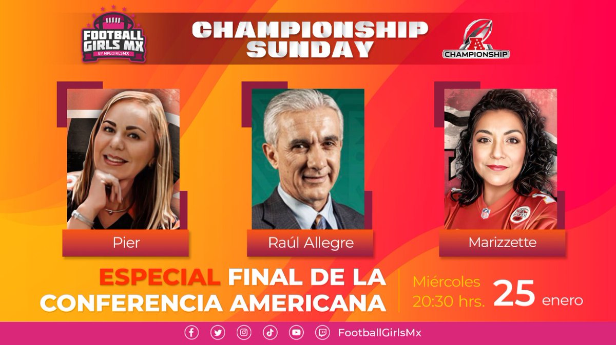 nflgirlsmx's tweet photo. #NFLovers! Una vez más #RuleTheJungle y #ChiefsKingdom se enfrentarán en la Final de Conferencia de la #AFC. Esta noche @pier_whodey y @Marizzett platicarán con el 2 veces Campeón del SB @RaulAllegre de @EspecialistasDD
⏰8:30PM
➡️https://t.co/KrUe8F73XO
#FootballGirlsMx https://t.co/EFgoYBjNrD