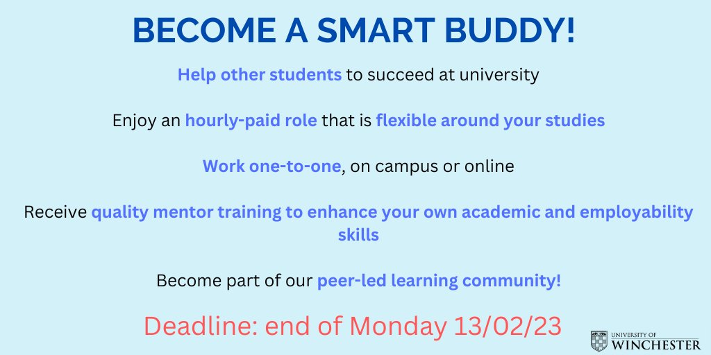 Our SMART buddies are students trained to meet with other students to support them in their academic studies. We are currently recruiting for 23/24. If you are interested, please contact studymentoring@winchester.ac.uk for further information.