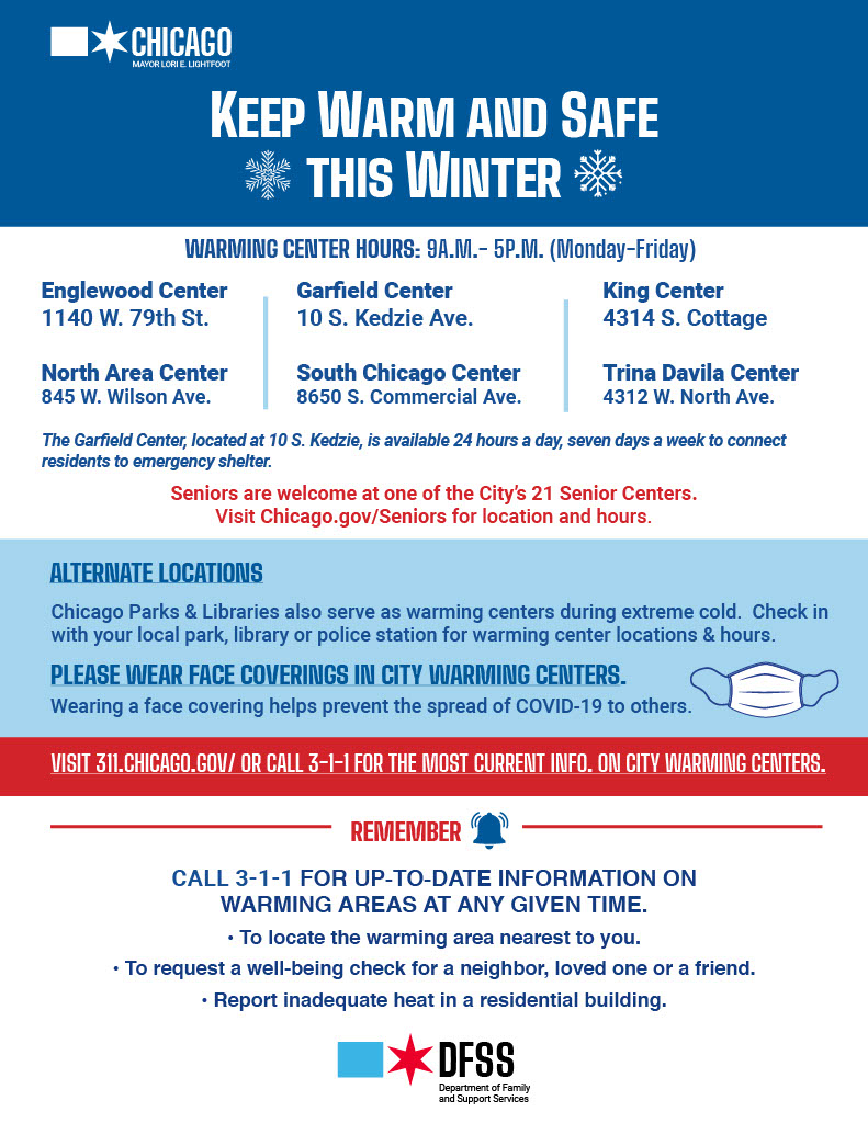 ChiFamSupport's tweet photo. Snowy day Chicago!❄️DFSS six community service centers operates as warming centers &amp; are open today from 9am-5pm! Our Garfield Center is available 24/7 to connect residents to shelter! 

Call 3-1-1 to find your nearest warming center &amp; for well being checks! 

#StayWarmChicago https://t.co/8ML5LL2Rpn