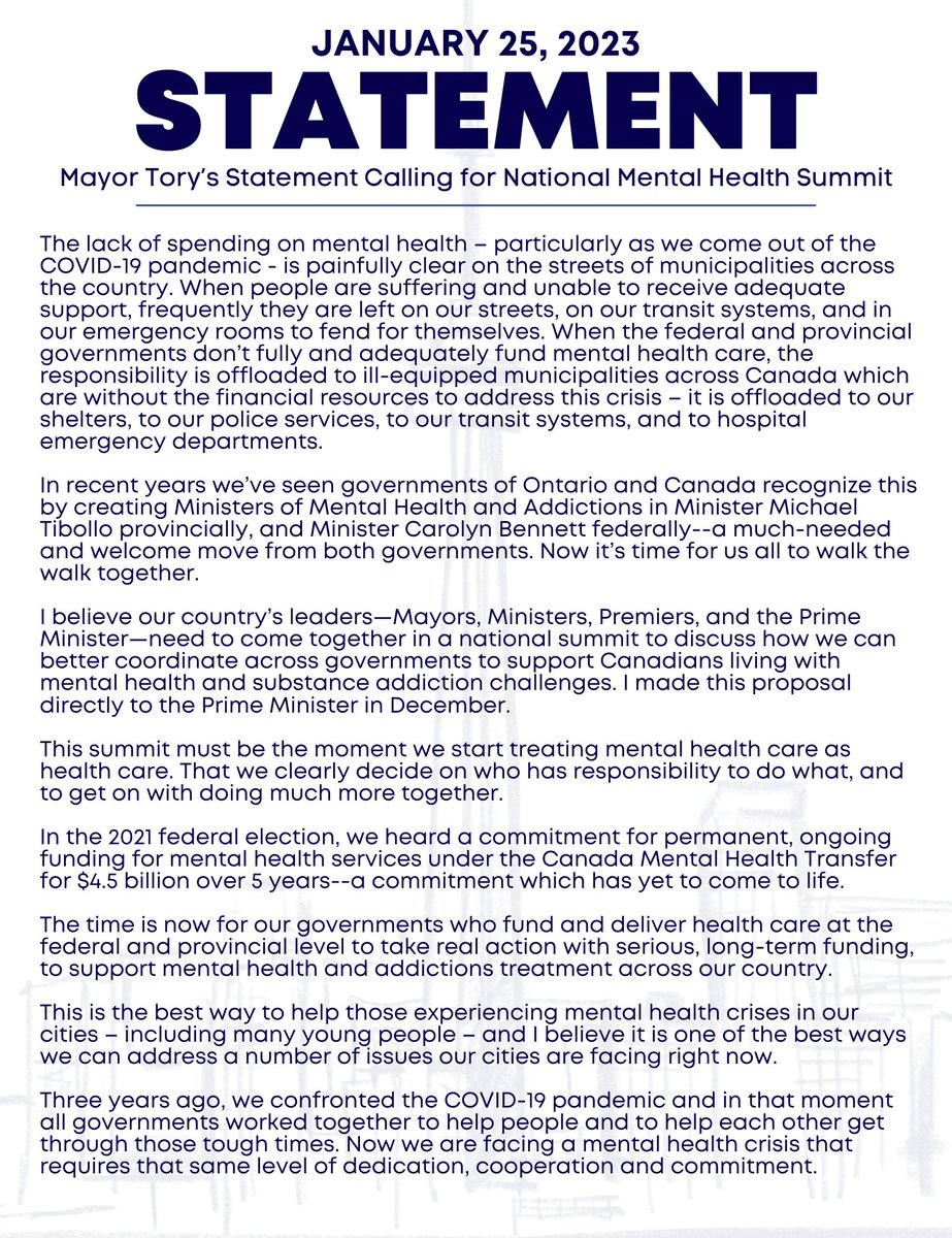 We're facing a mental health crisis in Canada and we're seeing the effects of it in Toronto every day.

I've been discussing these issues for years now, but with the current mental health crisis, today is an appropriate day for a more detailed statement: mayorjohntory.mailchimpsites.com/news