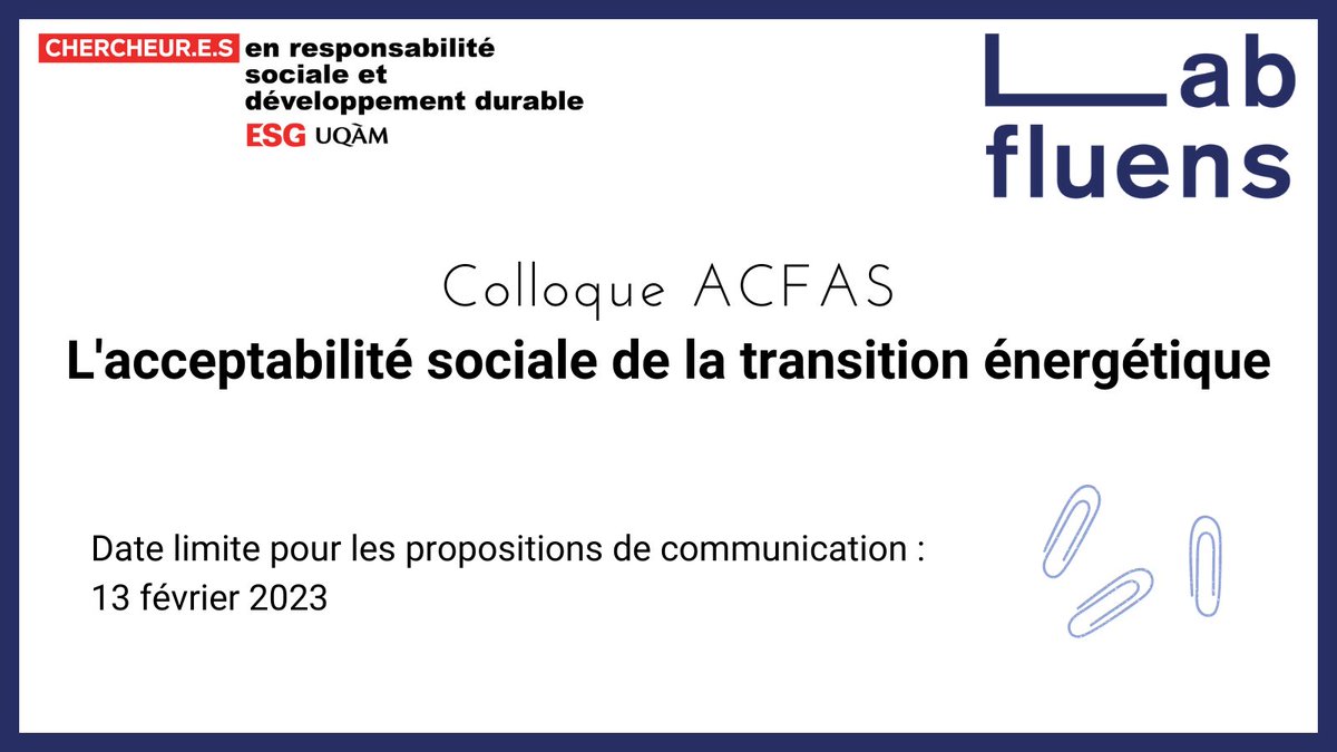 labfluens's tweet photo. Participez à ce colloque de l'@ACFAS sur l'acceptabilité sociale de la transition énergétique :
https://t.co/RwXvpdPIRA
#TransitionEnergetique #AcceptabiliteSociale @UQAM https://t.co/hmue15mY3n