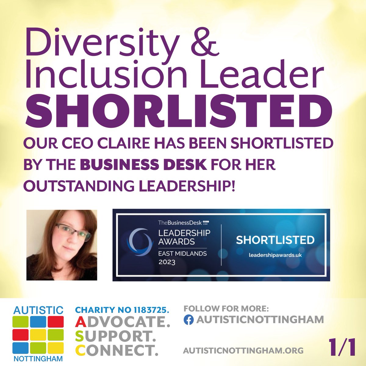 AutisticNotts's tweet photo. Our amazing CEO Claire has been nominated for a prestigious leadership award for Diversity and Inclusion! @thebusinessdeskuk @TBDEastMidlands
#AutisticLeadership
#ActuallyAutistic
#Autism
#AutisticPride
#AutisticRepresentation
#AutisticSelfAdvocacy
#AutismAcceptance https://t.co/Y4cfAkG0oa