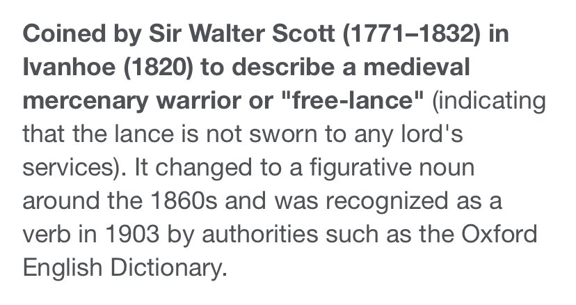 today i discovered that “freelance” comes from a medieval term to describe a medieval mercenary warrior or "free-lance" (indicating that the lance is not sworn to any lord's services) i’m going to start calling myself a mercenary warrior⚔️