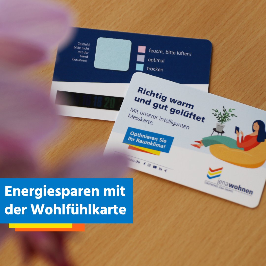 StadtwerkeJena's tweet photo. +++ Energiesparen mit der Wohlfühlkarte von #jenawohnen +++
Die Wohlfühlkarte zeigt, ob im Raum gelüftet/geheizt werden muss. Die Karte gibt´s für alle jenawohnen-Mieter:innen kostenfrei in den Service-Centern!
👉 #Energiespartipps gibt´s hier: https://t.co/P8U6Mnn1A5 https://t.co/jL8ptgJB20