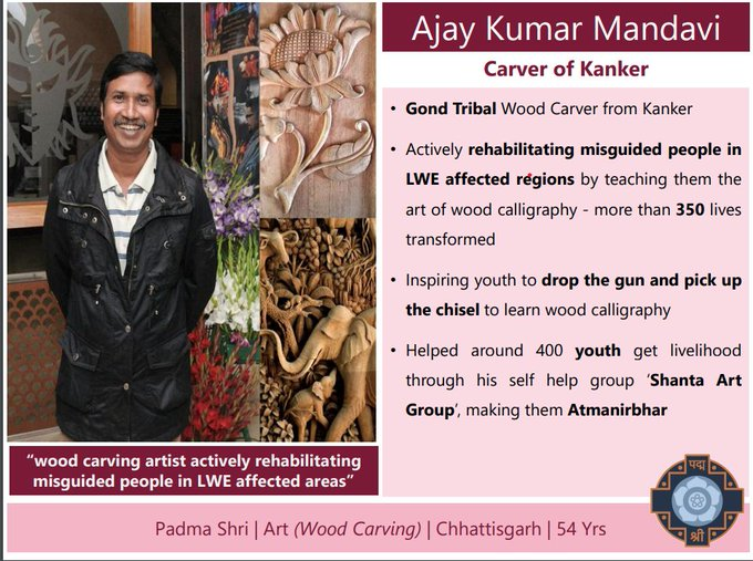 timesofindia's tweet photo. #PadmaAwards2023 | Ajay Kumar Mandavi, Gond Tribal Wood Carver from Kanker to receive Padma Shri in the field of Art (Wood Carving) https://t.co/EypY3qxyuy
