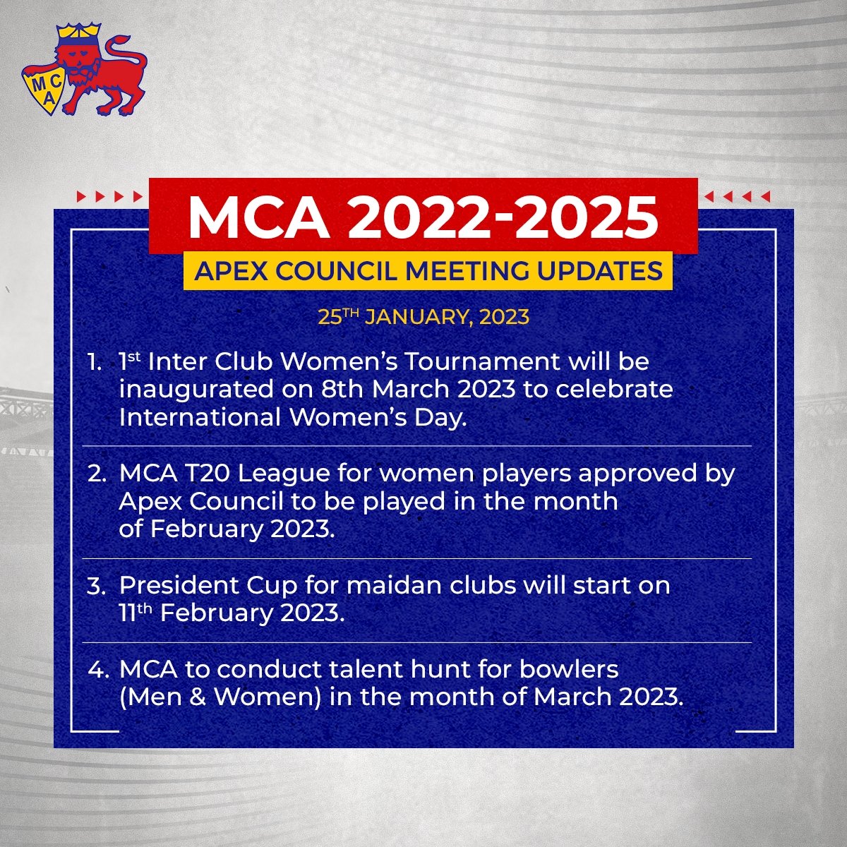 The below points were discussed and decided upon at the Apex Council Meeting held on 25th January 2023 🙌 Some exciting times ahead for Mumbai Cricket ⏩ 🔥 #MCA #Mumbai #Cricket #IndianCricket #Wankhede #BCCI