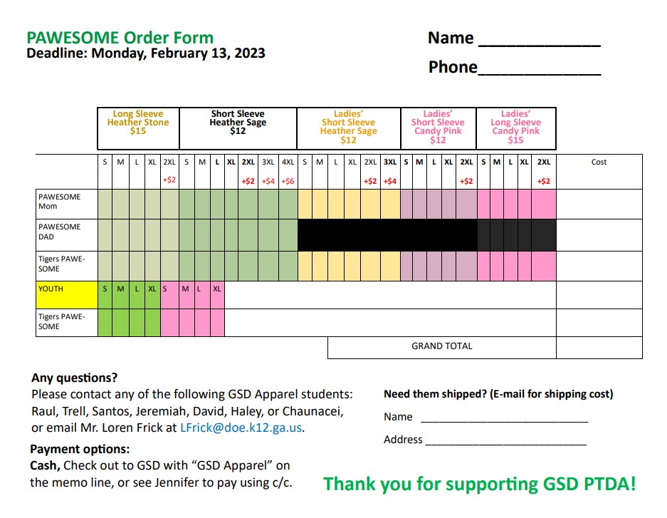 Check out this great new design from GSD Aparrel! It is PAWsome!

Orders are due by 13 February. Cash, check, and credit card (over the phone) are accepted. You can download the order form at gsdweb.org.