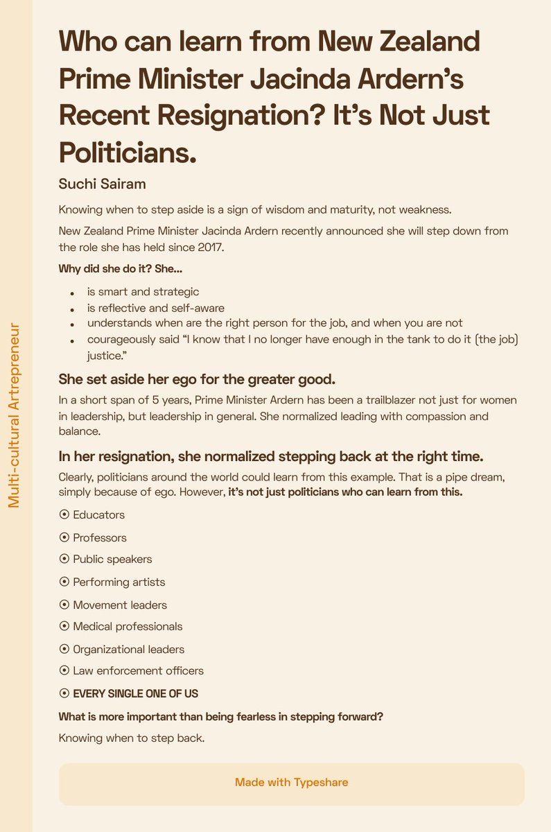 suchisairam's tweet photo. Who can learn from New Zealand Prime Minister Jacinda Ardern’s Recent Resignation? It’s Not Just Politicians.
#ship30for30 #ship30 #leadership #steppingup #steppingback #widsom #selfawareness #courage https://t.co/tr9PpCrBOq