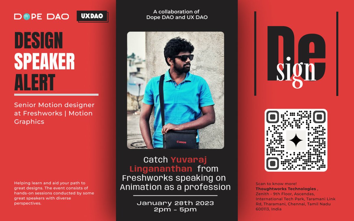 Catch Yuvaraj Lingananthan , the Senior Motion Designer at <a href="/FreshworksInc/">Freshworks Inc</a>, speaking on "Animation as a profession" 🙌.

Register Now!!

#DopeDAO #dao #design #community #web3