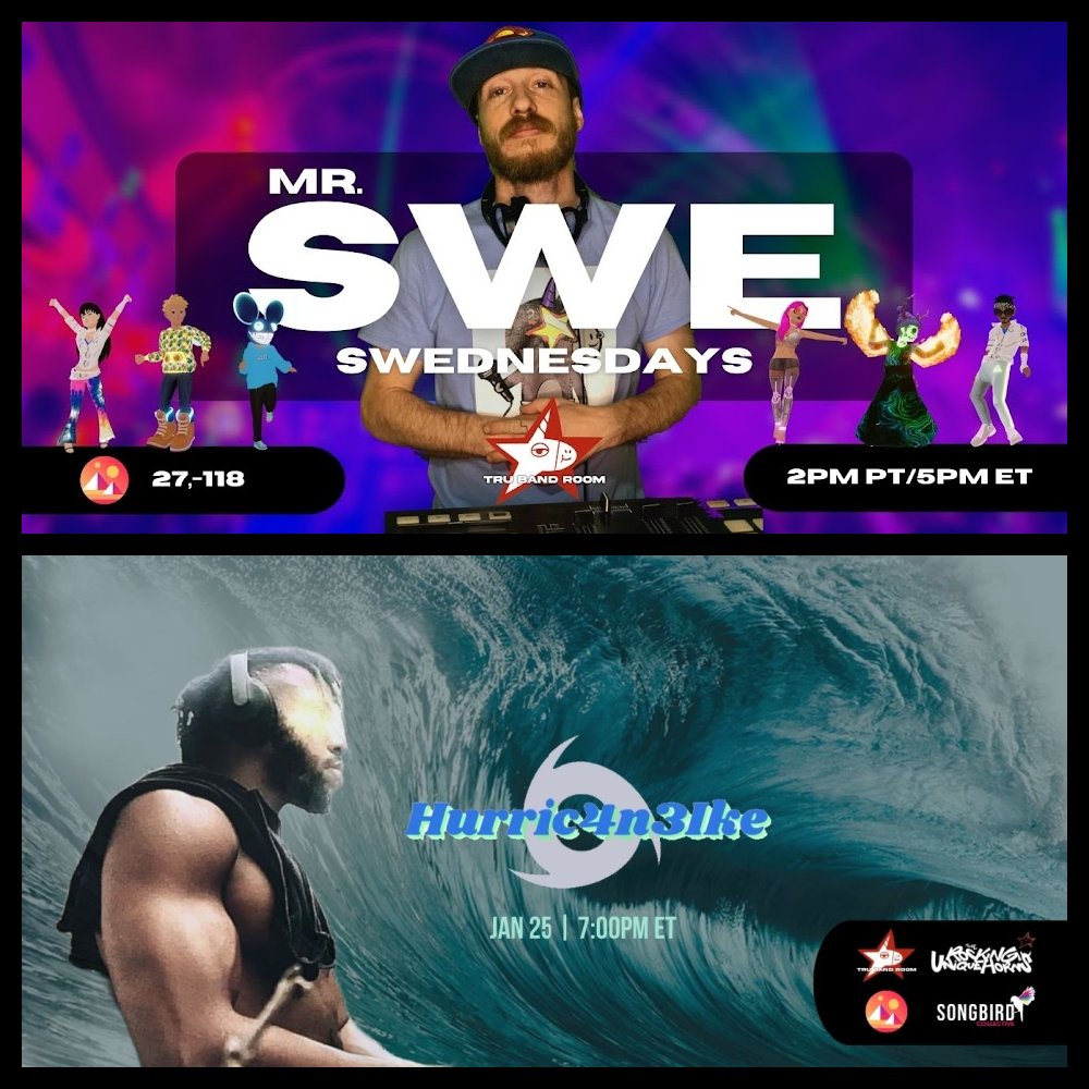 Happy SWAVY Wednesday! Wavy Swednesday? 🤔

Today, LIVE, in the #TRUBandRoom:
🕺 <a href="/MrSweMusic1/">mrswe.eth</a> at 10pm UTC/5pm ET
followed by
🌊 <a href="/Hurric4n3Ike/">Hurric4n3⚡️Ⓥ | 🌊✨🌊</a> at Midnight UTC/7pm ET

events.decentraland.org/?search=tru+ba… #DCLfam #Decentraland