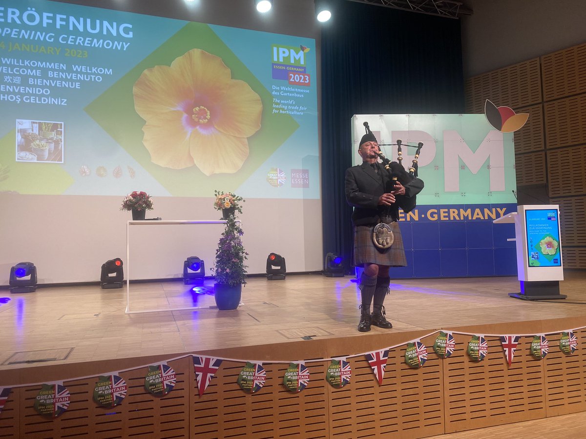 CHA_Hort's tweet image. @RafeCourageFCDO, British Consul General, highlighted the strengths of the 🇬🇧 horticultural industry at the #IPMEssen2023 opening ceremony. Highlights of the ceremony included a string trio playing British music and a Bagpiper!