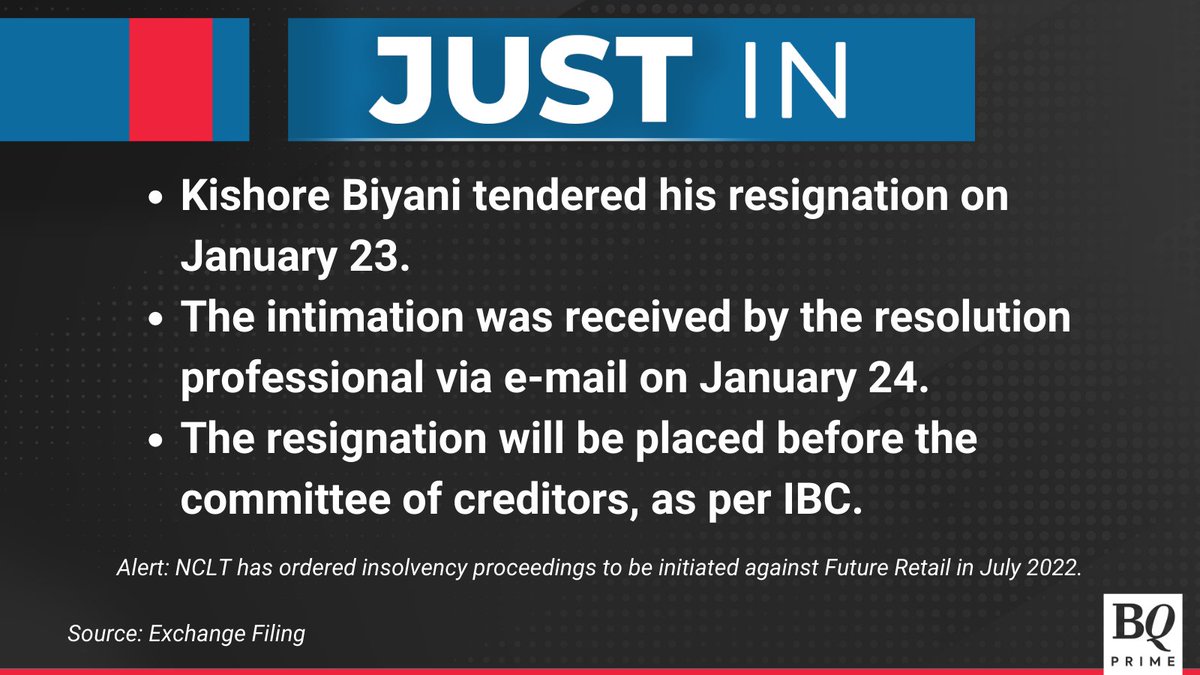NDTVProfitIndia's tweet image. #KishoreBiyani resigns as #FutureRetail Chairman. 

For the latest news &amp;amp; updates visit: bqprime.com