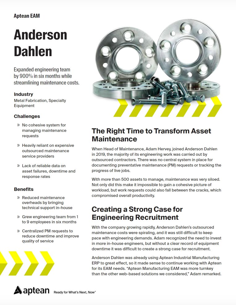 Aptean's tweet photo. Lacking the facilities to maintain your equipment in-house can hurt your profit. Anderson Dahlen managed to save money and provide better service with Aptean's EAM solution: https://t.co/f3zIP5sH7o #Equipment #Maintenance #Manufacturing https://t.co/Hm330dEujW