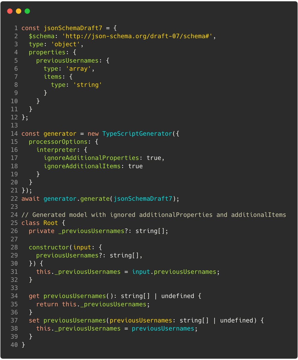 JonasLagoni's tweet photo. For many, it is a surprise that the keywords additionalProperties and additionalItems by default are true in JSON Schema, which opens up your model and arrays. This is of course also relevant for #AsyncAPI.
You can now change this interpretation as of #Modelina v1.1! https://t.co/Q7Ft26DQD1