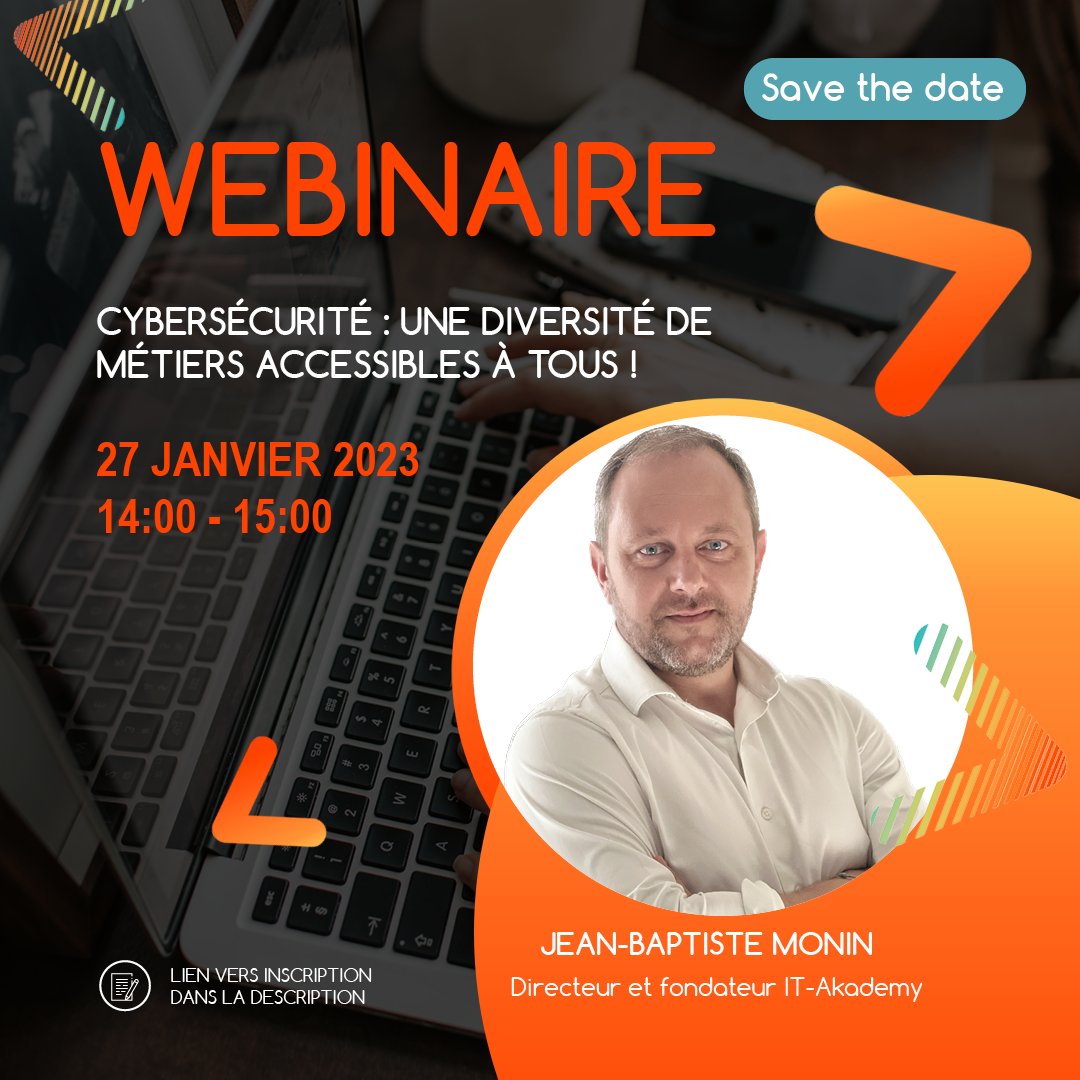 🔔 WEBINAIRE

Cybersécurité : Une diversité de métiers accessibles à tous !
L'IT-Akademy propose une présentation de ces métiers et de ses formations accessibles à tous et entièrement financées.

➡️ Inscription : mesevenementsemploi.pole-emploi.fr/mes-evenements…

#webinaire #formationlyon #cybersecurite