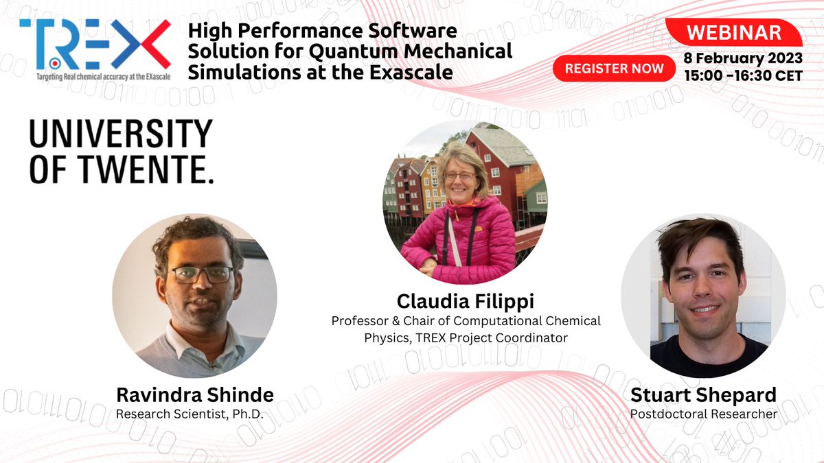 📣Few days left to our webinar!
Register now &amp; learn more about #CHAMP code, a #QMC package for electronic structure calculations of molecular systems, &amp; its practical use with our speakers &amp; #HPC experts from <a href="/UTwente/">University of Twente (inactive)</a> 
#TREXcode #webinars 🗓️8 Feb 2023
➡️bit.ly/TREX_Webinar