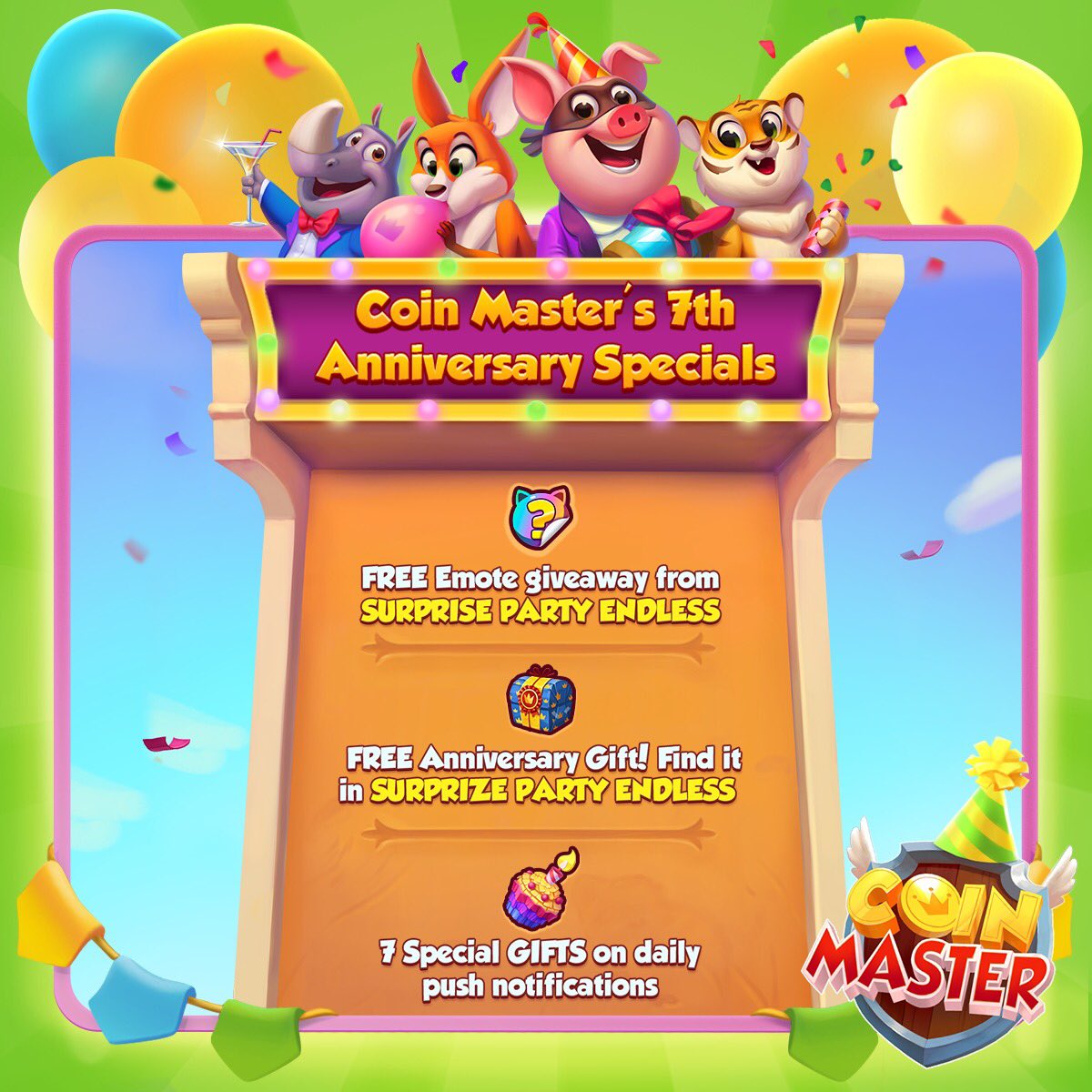 CoinMasterGame's tweet image. 🎉TOMORROW! 🎉 
IT'S OUR ANNIVERSARY PARTY! 💖Get ready for giveaways, gifts and so much more! 🥳Villages 90+

#RETWEET if you're ready to party!