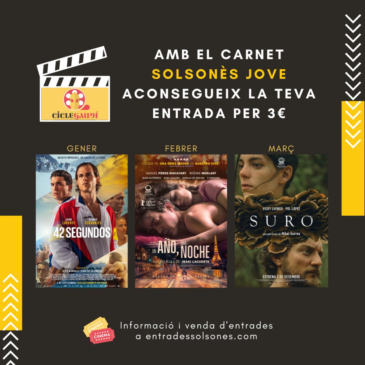 🎬 Amb el teu carnet Solsonès Jove, la teva entrada per les projeccions del cicle gaudí per 3 €.

🎟️ Consulta els horaris i compra la teva entrada a entradessolsones.com
⠀⠀
#culturajove #ciclegaudí #cinemacatalà
#OJSolsonès #Solsonès #Solsona