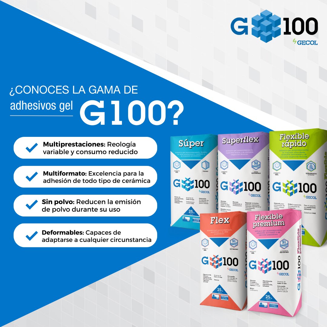 GECOLoficial's tweet photo. La gama de adhesivos gel G100 son de naturaleza híbrida que nacen como respuesta a resolver necesidades concretas con las que profesionales del sector se encuentran a diario:
https://t.co/mP2dLUt5Hr
#adhesivosgel #porcelanico #adhesivos #colocacionceramica #c2tes2 #mortero https://t.co/dQTwBopKBA