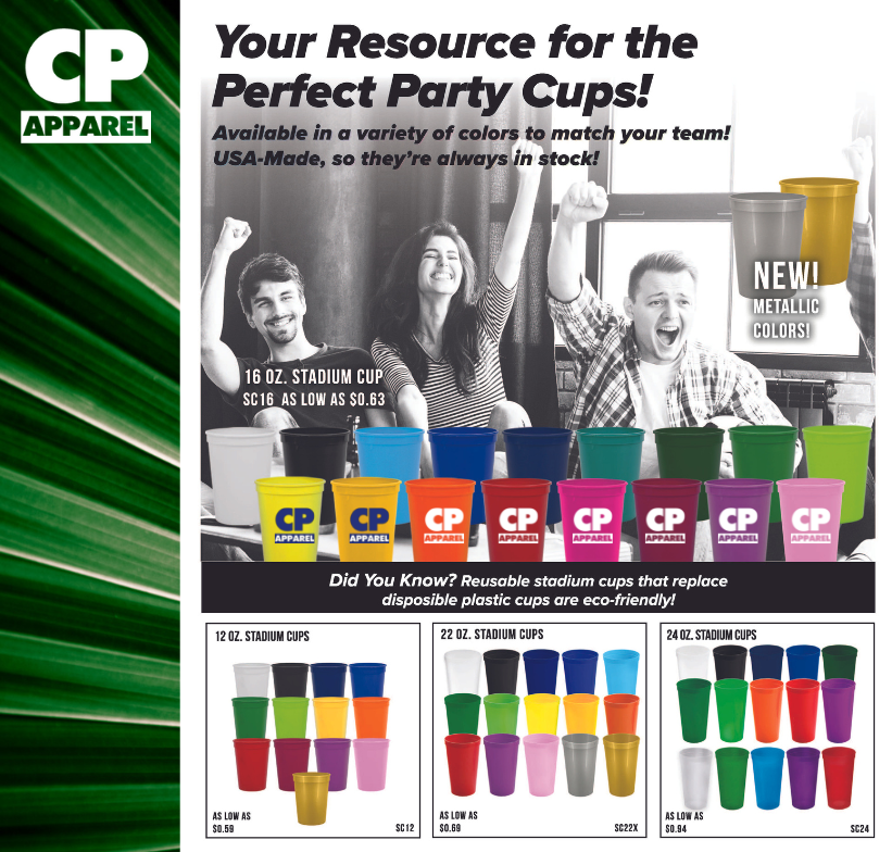 CPApparelInc's tweet photo. USA Made #StadiumCups are reusable, which makes them #eco-friendly.    Lots of great colors to choose from to match your team or your logo.   Perfect for bars, restaurants and events. 
Looking for more options, click here:
https://t.co/p90IkIL4H6 https://t.co/vv6ttWWaD2