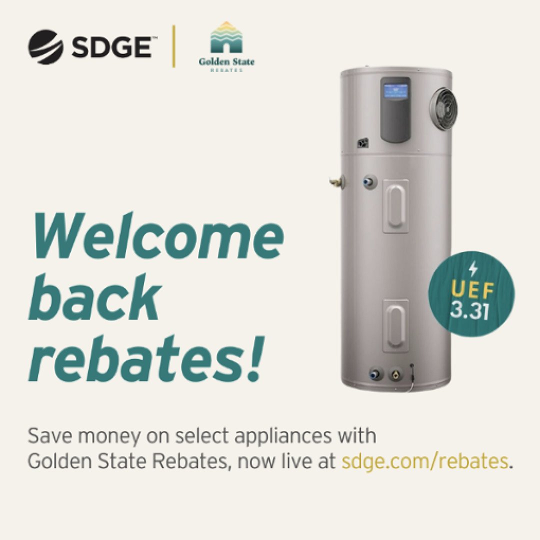CreditDotOrg's tweet photo. The new Golden State Rebates give qualifying customers rebates toward the purchase of energy-efficient products such as smart thermostats, gas tank water heaters, heat pump water heaters and more. Learn more at https://t.co/2fvbquiSEZ. 

#sdge #SDGEassist https://t.co/DnKSSBDpBy