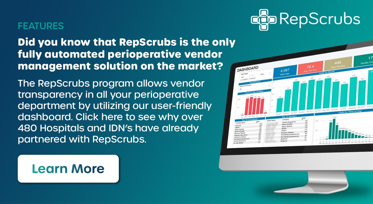 Repscrubs's tweet photo. Did you know that RepScrubs is the only fully automated perioperative vendor management solution? The RepScrubs program allows vendor transparency in all your perioperative departments.

Click here to see why over 480 Hospitals and IDN’s use RepScrubs: https://t.co/U7nx7u5tg6 https://t.co/vHqpxJ7WDh