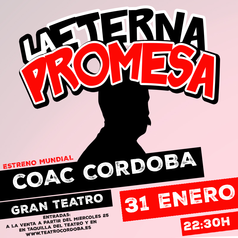 ¡Ya tenemos fecha para el estreno de nuestra chirigota "La eterna promesa"!
Será el próximo martes 31 Enero, a las 22.30h en las tablas del Gran Teatro de Córdoba en la 40ª edición del COAC de Córdoba. <a href="/CarnaAsoc/">Asociación Carnavalesca Cordobesa</a> <a href="/CarnavalCordoba/">Aso.Carnaval.Cordoba</a> 

Entradas ya a la venta: entradas.teatrocordoba.es/espectaculo/pr…