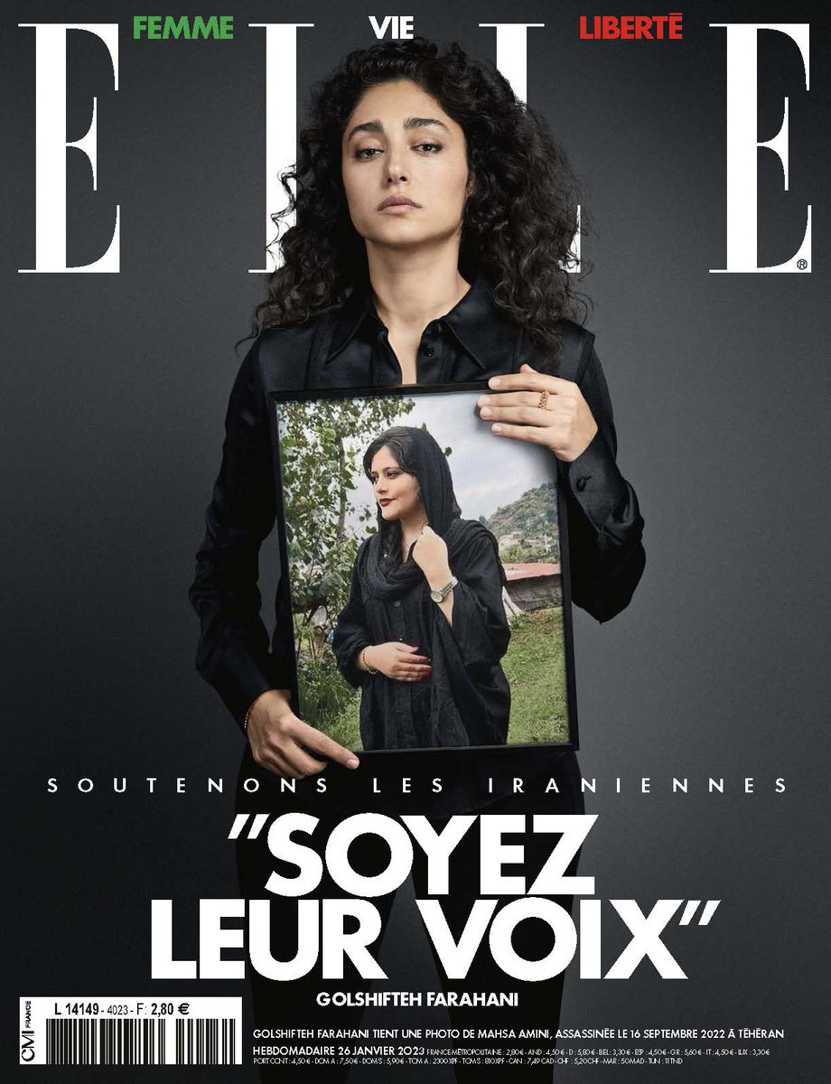CMIMediaFrance's tweet photo. Alors que la répression fait rage depuis plusieurs mois en Iran, ELLE France et douze personnalités publiques se mobilisent pour un numéro spécial "Soyez leur voix", en soutien aux femmes iraniennes qui luttent pour leur liberté. https://t.co/gsQEQ7euyd