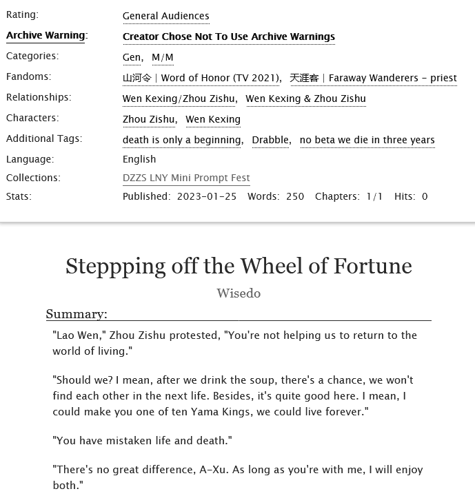 _Wisedo's tweet photo. DZZS LNY Mini Prompt Fest. Day 5 - Fortune
https://t.co/rNzFZ44tAZ

#DZZSLNYminifest #FarawayWanderers #WordOfHonor #山河令 #wenzhou #ZhouZishu #WenKexing #MyText https://t.co/QlIyeWJ5Do