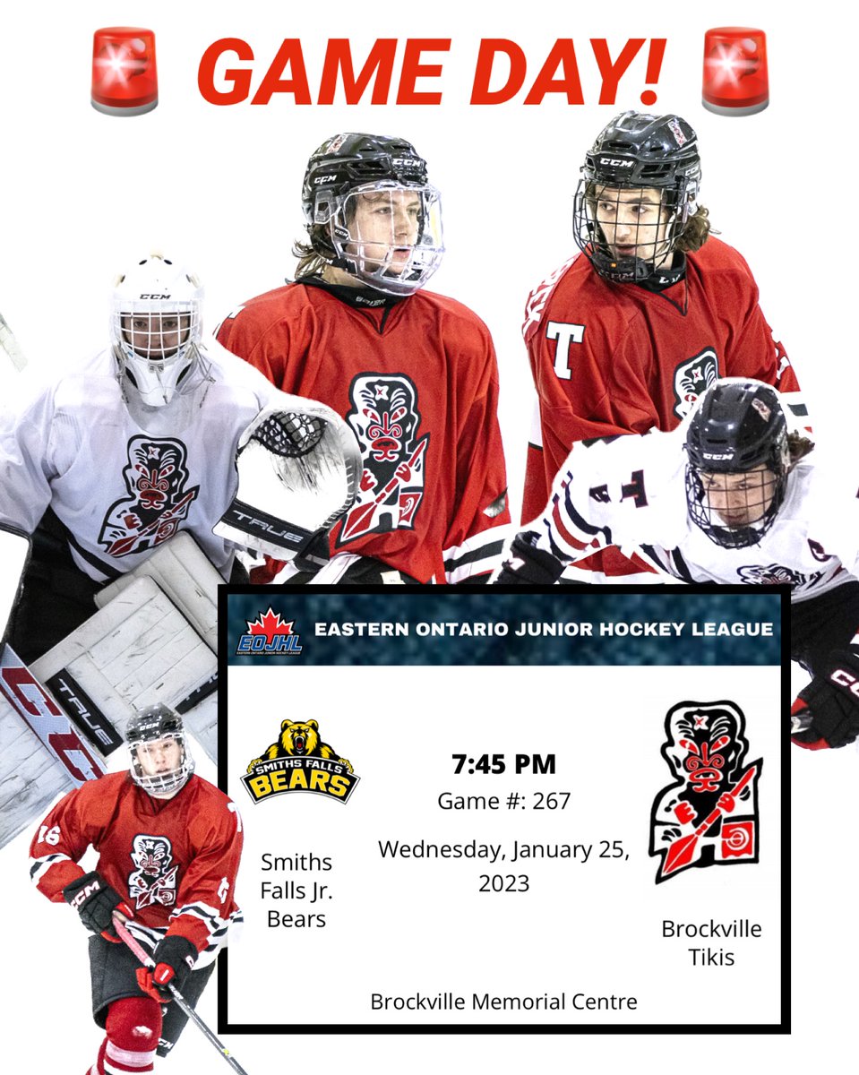 🚨GAME DAY!🚨 Head over to the Brockville Memorial Centre tonight to cheer on your Brockville Tikis in a match against the Smiths Falls Jr. Bears. Puck drop at 7:45pm. Let’s roll Teeks!! <a href="/TheEOJHL/">The EOJHL</a> #TikisGameday #tikitime #brockvilletikis #rollteeks #EOJHL