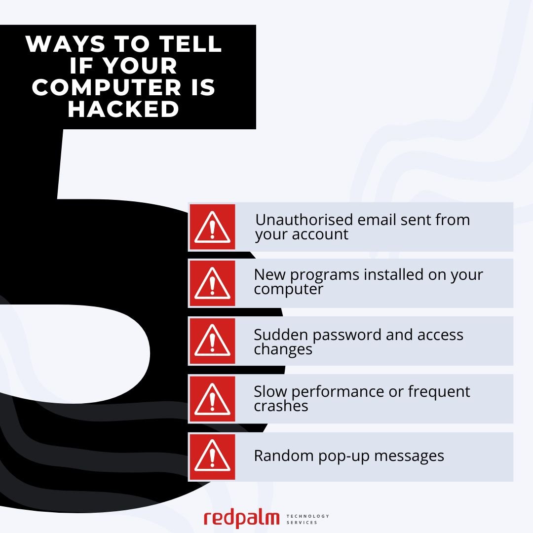 redpalmtech's tweet photo. Do you think you might be hacked, but aren’t sure?
The best thing to do is call your IT provider, but run through this short list and see if you have experienced any of these situations.
Need help? Get in touch with our team
#hacker #cybersecurity #redpalm #ukbusiness https://t.co/OzPG8uh3Jv