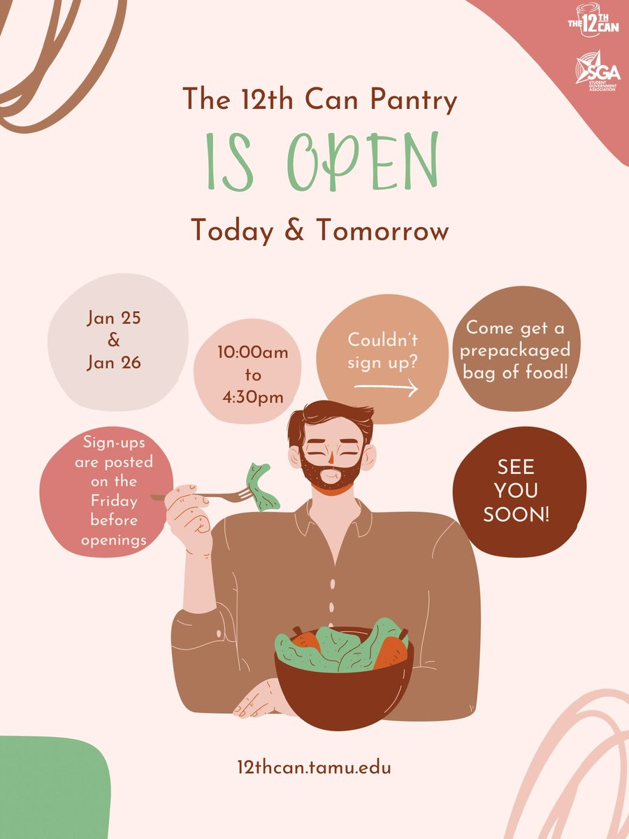 The12thCanTAMU's tweet photo. It’s opening day!!! Sign up to enter our pantry and pick your own items, or show up without a time slot for a prepackaged bag! We can’t wait to see you!!
#gigem #BTHOhunger #tamu #12thcan #the12thcan https://t.co/3wzT0nt0GQ