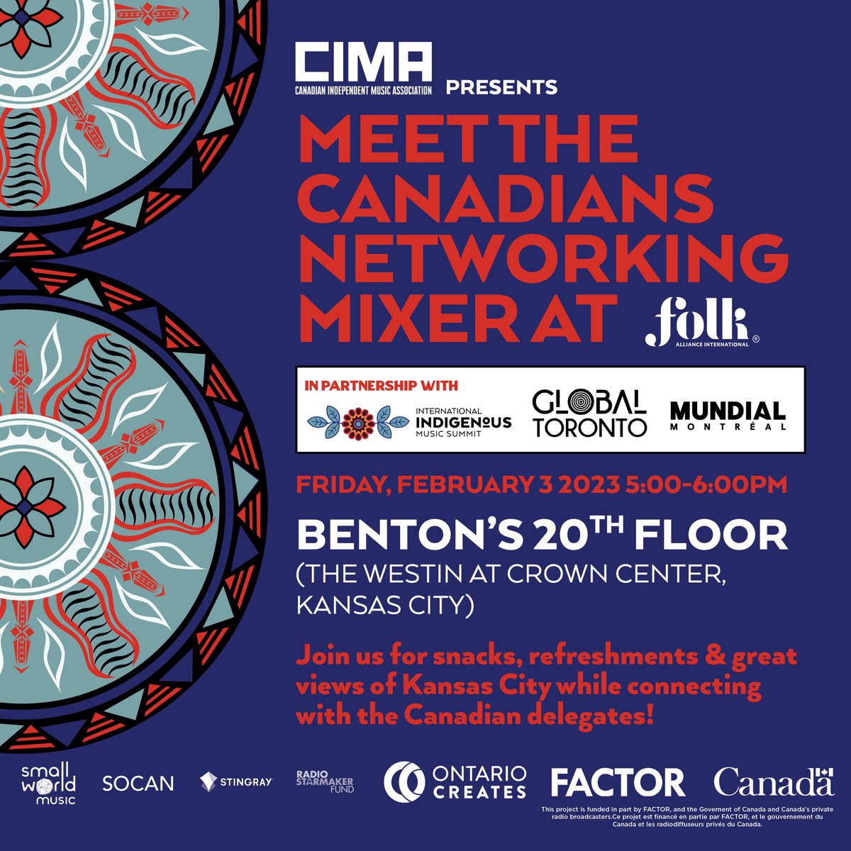 We’re honoured to partner with @CIMAmusic75 for their ‘Meet the Canadians’ networking mixer, with @mundialmontreal & @globaltoronto_ Feb 3 5PM! #FAI2023 don't have to RSVP. Stay tuned for our #IIMS @folkalliance Official Showcase Stage, Voices Room & Panel announcements!