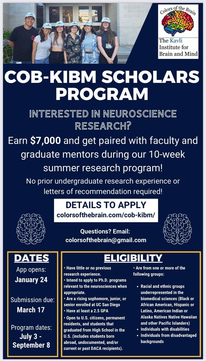The application is open for the 2023 CoB-KIBM Scholars Program! Eligible @UCSanDiego undergraduates are invited apply, earn $7000 for 10 weeks of research this Summer! For more information: colorsofthebrain.com/cob-kibm/ kibm.ucsd.edu/2023-cob-kibm-…
