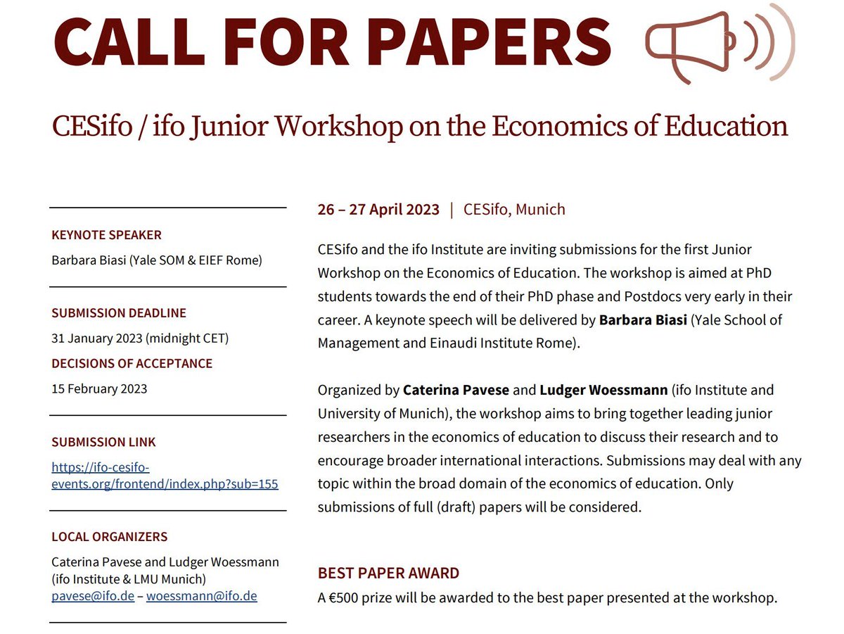 CESifo (@cesifonetwork) on Twitter photo 📢Call for papers ends soon: 1st CESifo/ifo Junior Workshop on the Economics of #Education - 26/27 April 2023, Munich - Keynote speaker: <a href="/BarbaraBiasi/">Barbara Biasi</a> - scientif organizers: <a href="/Woessmann/">Ludger Woessmann</a> <a href="/ifo_Education/">ifo Education</a> <a href="/CaterinaPavese1/">Caterina Pavese</a> cesifo.org/en/event/2023-… 📢Call for papers ends soon: 1st CESifo/ifo Junior Workshop on the Economics of #Education - 26/27 April 2023, Munich - Keynote speaker: <a href="/BarbaraBiasi/">Barbara Biasi</a> - scientif organizers: <a href="/Woessmann/">Ludger Woessmann</a> <a href="/ifo_Education/">ifo Education</a> <a href="/CaterinaPavese1/">Caterina Pavese</a> cesifo.org/en/event/2023-…