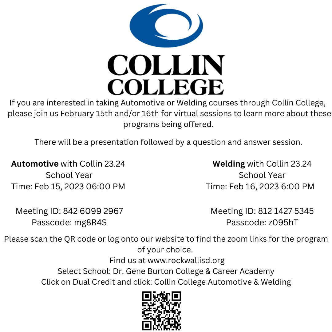 Virtual presentations for Automotive and Welding courses through Collin College for 2023-2024 school year February 15th &amp; 16th!