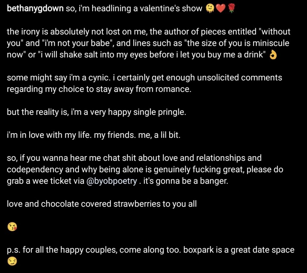 i'm headlining a #ValentinesDay show 🌹

should be a right laugh considering my dating history 👌

tix - eventbrite.co.uk/e/byob-poetry-…

<a href="/ByobPoetry/">Bring Your Own Bars Poetry London</a>
#spokenword
#headlinegig
#poetry