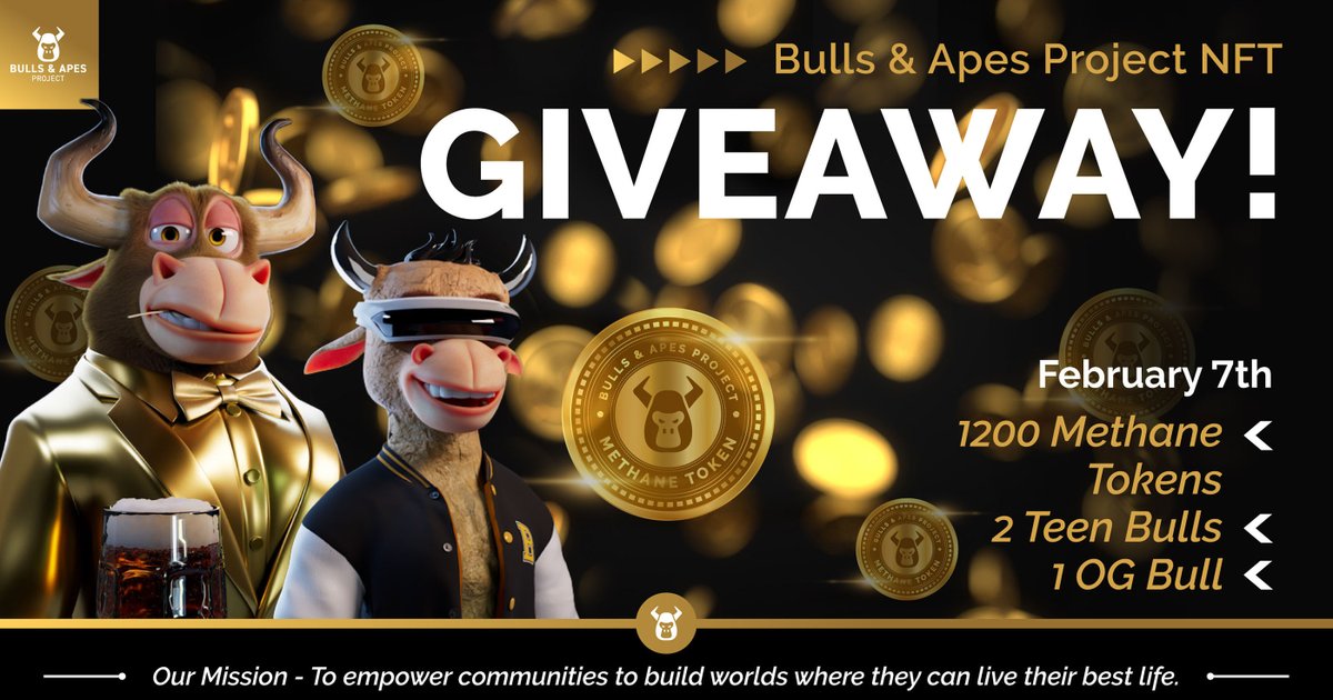 BullsApesProj's tweet photo. 🎉 MASSIVE B.A.P. GIVEAWAY‼️

🚨 Enter our official Bulls&amp;Apes #giveaway for a chance to win over $1,500 worth of B.A.P. assets 

13 days left to enter, get all the details here 👇
https://t.co/nd7DjloBFm

💥 For a chance to win an EXTRA 300 #MethToken 
🖤 + RT + Tag 3 frens https://t.co/dBksu7VNyq