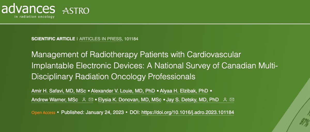 Amir Safavi (@safaviaa) on Twitter photo 🧐 How are 🇨🇦 #radonc practitioners (MD/#medphys/therapists) managing patients with #pacemakers & #defibrillators (#CIEDs), in light of <a href="/aapmHQ/">American Association of Physicists in Medicine</a>’s newest guidance (TG-203)?
Now in <a href="/ASTRO_org/">ASTRO</a>! advancesradonc.org/article/S2452-…
A 🧵from our <a href="/Sunnybrook/">Sunnybrook Health Sciences Centre</a> team (<a href="/jaydetsky/">Jay Detsky MD</a> <a href="/DrAlexLouie/">Alex Louie MD, PhD</a>) 1/5 🧐 How are 🇨🇦 #radonc practitioners (MD/#medphys/therapists) managing patients with #pacemakers & #defibrillators (#CIEDs), in light of <a href="/aapmHQ/">American Association of Physicists in Medicine</a>’s newest guidance (TG-203)?
Now in <a href="/ASTRO_org/">ASTRO</a>! advancesradonc.org/article/S2452-…
A 🧵from our <a href="/Sunnybrook/">Sunnybrook Health Sciences Centre</a> team (<a href="/jaydetsky/">Jay Detsky MD</a> <a href="/DrAlexLouie/">Alex Louie MD, PhD</a>) 1/5