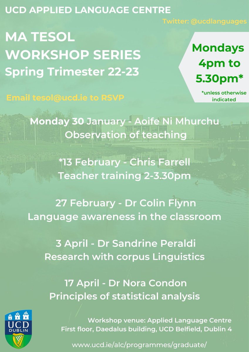Our UCD MA TESOL workshop series is back for another trimester! All welcome, if you would like to attend one, please email tesol@ucd.ie #tesol #matesol #graddiptesol #tefl #elt #eltireland #englishteaching #teachingworkshops #ucdpostgrad
#linguistics