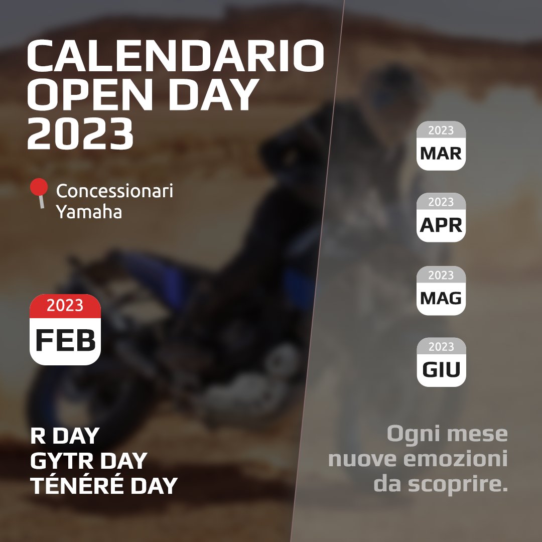 Abbiamo programmato un anno ricco di emozioni: i nostri #OpenDay inizieranno il 4 febbraio con l’#RDay e con il #GYTRDay.

Vieni a trovarci per scoprire tutte le novità targate #Yamaha e rimani connesso per non perderti gli eventi futuri!

#RevsYourHeart
