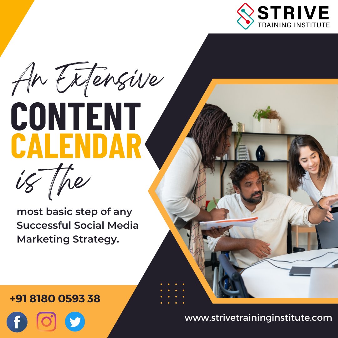 TrainingStrive's tweet image. In order to get your #socialmediapresence on the right track you should start maintaining a #contentcalendar 

It not only helps your #brandpresence but also supplements your #contentplan by providing a distinct view on how your #socialmediaprofile will look based on your plan