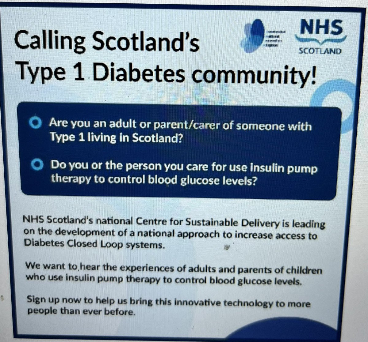 @JubileeHospital @NHSScotCfSD @online_his @KatieDuncanRD @JulieNicol9 @JacqWalkerRD 
🧵1/6 Calling Scotland’s #Type1Diabetes community. Are you an adult or parent/carer of someone with #Type1Diabetes living in Scotland?