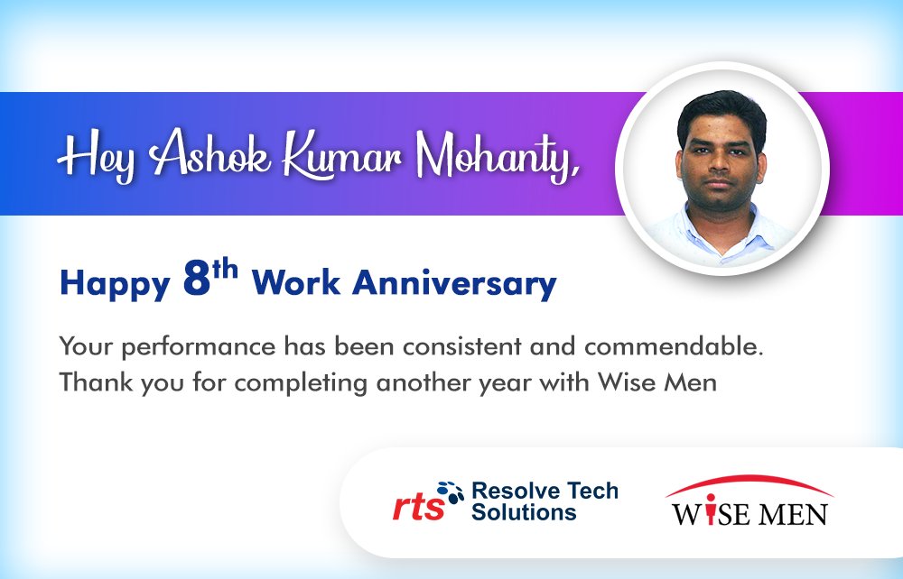 _WiseMen_'s tweet photo. Hey Ashok Kumar Mohanty,

Happy 8th Work Anniversary

Your performance has been consistent and commendable. Thank you for completing another year with Wise Men.  

#workmilestone #congratulations #resolvetechsolutions #rts #wisemen #services #SAP #web #cybersecurity https://t.co/qCRIzdKP4V