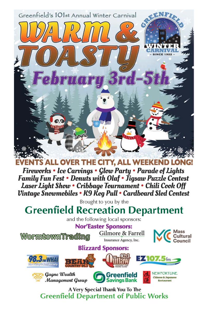 Greenfield_Rec's tweet photo. More snow today= more Winter Carnival fun!! ❄️☃️🌨🛷🎉Check out the full line-up of activities for this year's 101st Winter Carnival in the program on our website. Here are a few page highlights!  https://t.co/L792A51ER0
#greenfieldwintercarnival #moresnow https://t.co/zLNdU88nkS