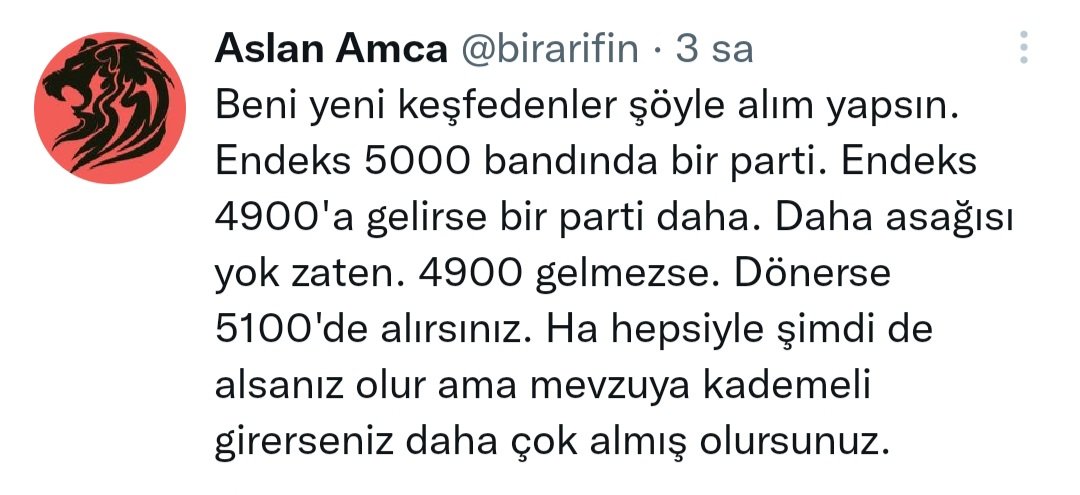 Söylediğim gibi oldu. Endeks kapanışta  5000'den döndü. 5300 endeks. Her yer yeşil. 5500 5000 arası çeviriyorlar ve halkın malını bir panikle topluyorlar. İşleri bitince salacaklar ve endeks bir anda 6000 7000 olacak. Dipten topladıklarını tepeden satmaları gerek değil mi ?