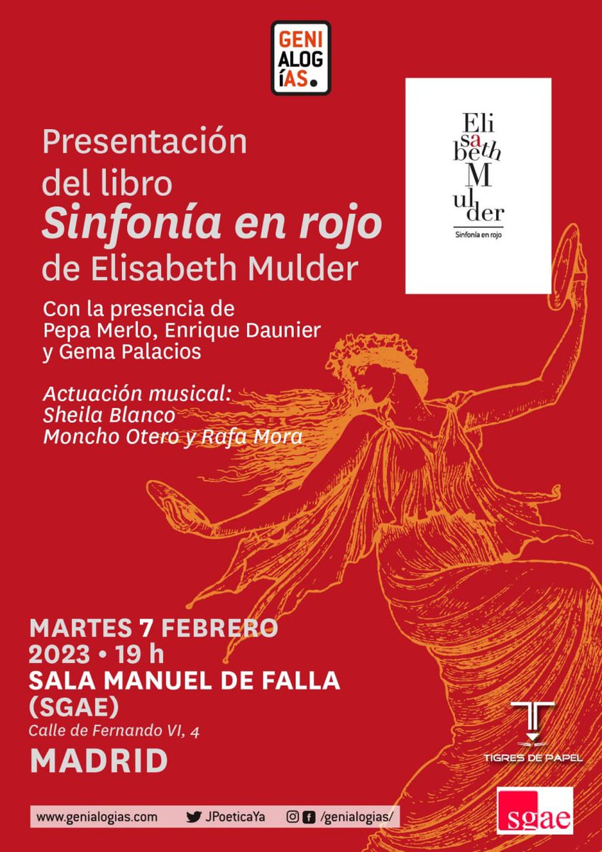 El próximo 7 de febrero a las 19 horas en la sala Manuel de Falla de SGAE presentamos "Sinfonía en rojo" de Elisabeth Mulder.

Con la presencia de Pepa Merlo, Enrique Daunier y Gema Palacios.

Contaremos con las actuaciones musicales de Sheila Blanco, Moncho Otero y Rafa Mora.